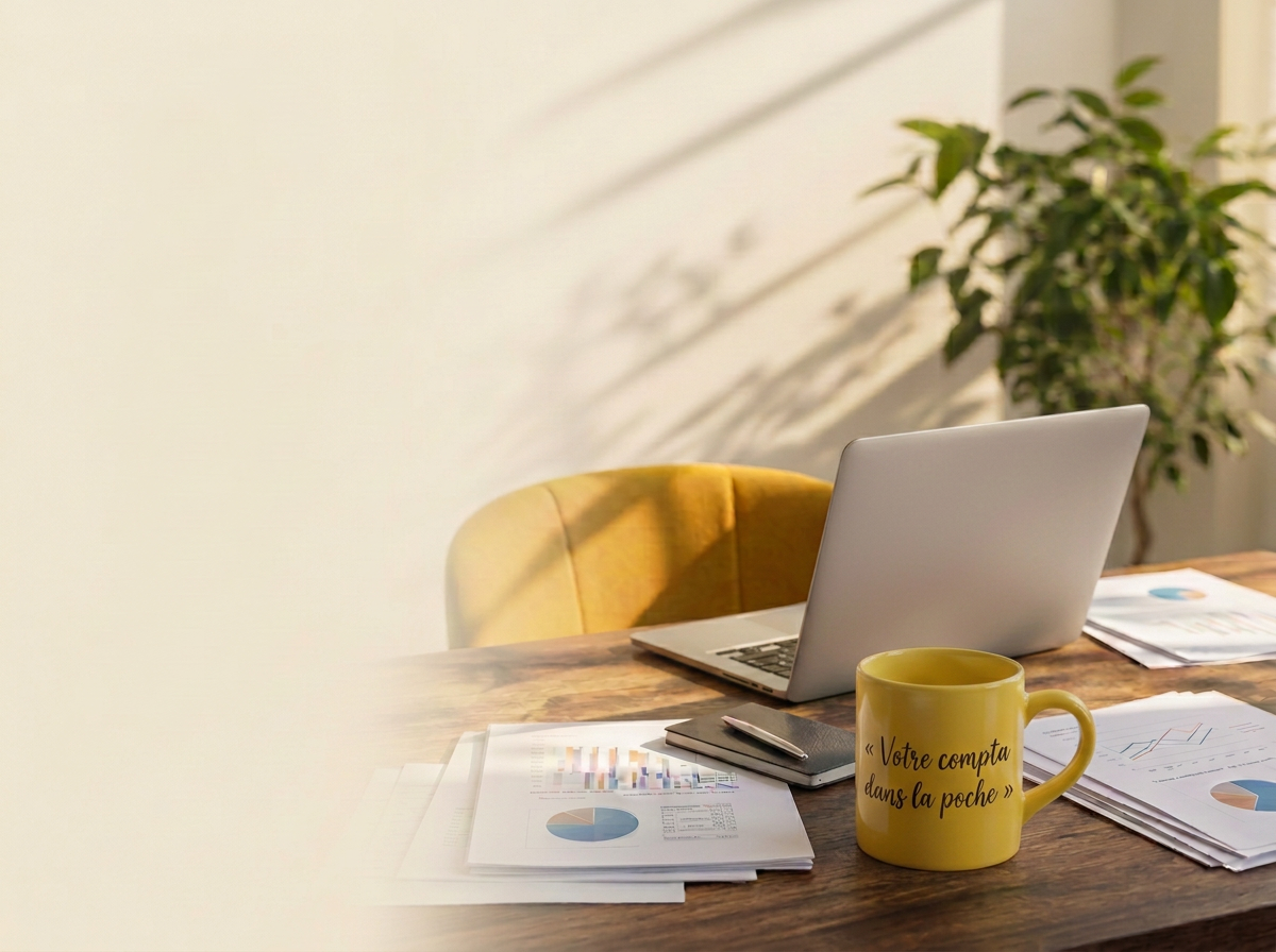 Bureau lumineux avec tasse Fynteo, ordinateur et graphiques financiers