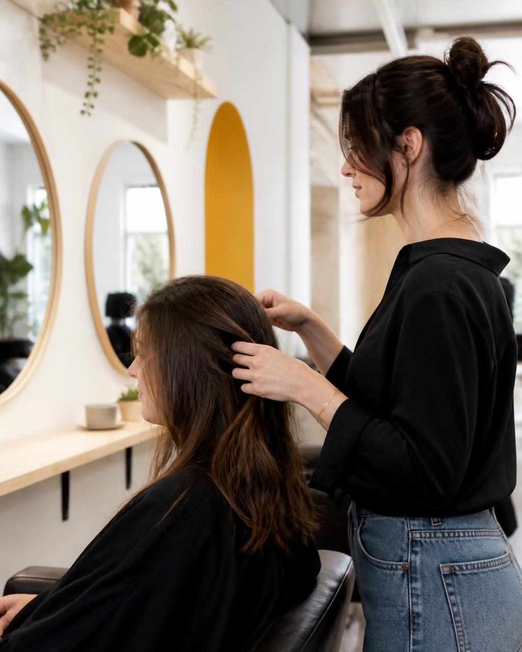 Coiffeuse travaillant sur une cliente dans son salon